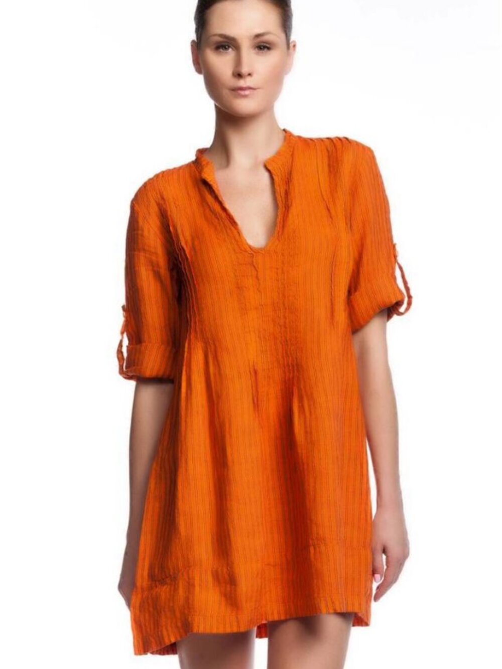 CP Shades Regina Double Stripe Tunic Tangelo Orange Linen V-Neck 3/4 Sleeve